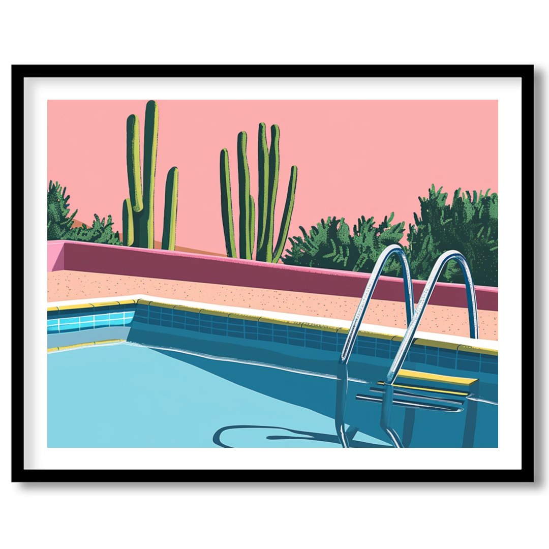Dive into tranquility with this retro-inspired artwork featuring a serene poolside scene set for hallway