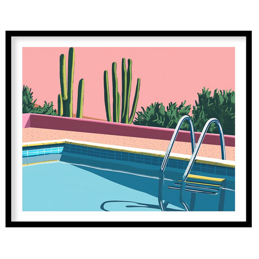 Dive into tranquility with this retro-inspired artwork featuring a serene poolside scene set for hallway