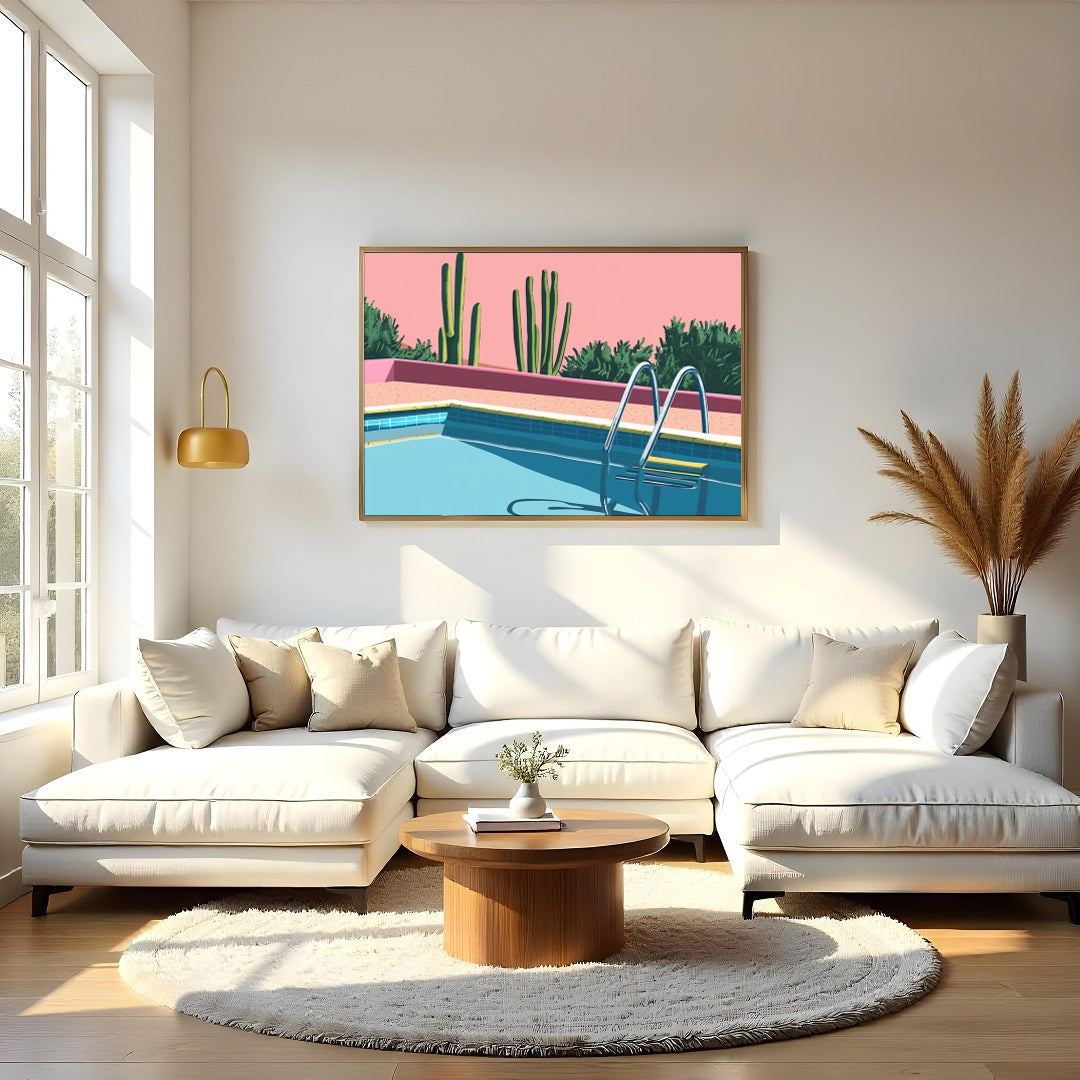 Dive into tranquility with this retro-inspired artwork featuring a serene poolside scene set for Living Room