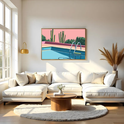 Dive into tranquility with this retro-inspired artwork featuring a serene poolside scene set for Living Room