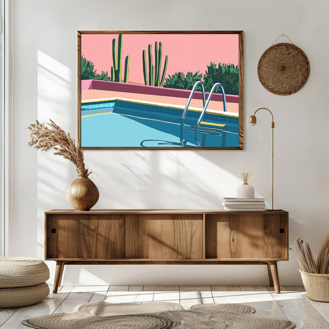 Dive into tranquility with this retro-inspired artwork featuring a serene poolside scene set for Sitting Area