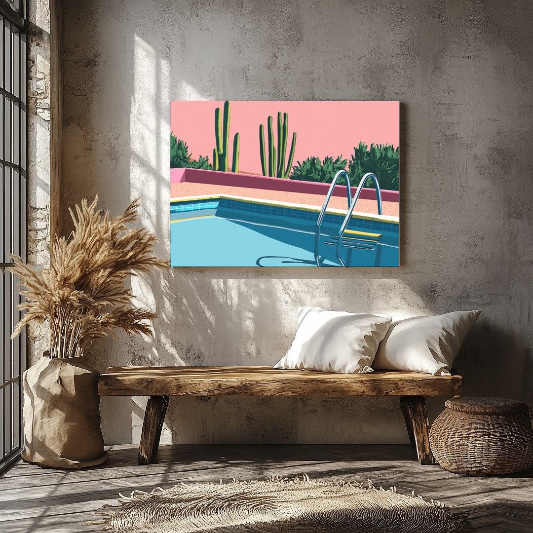 Dive into tranquility with this retro-inspired artwork featuring a serene poolside scene set for Veranda
