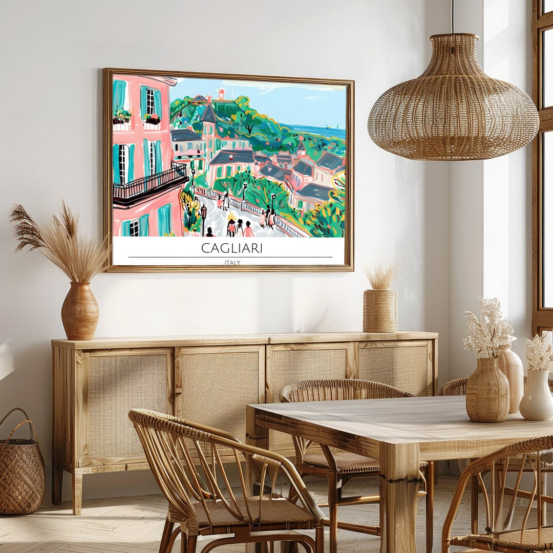 Immerse yourself in the vibrant allure of Cagliari with this enchanting cityscape artwork. for Dining