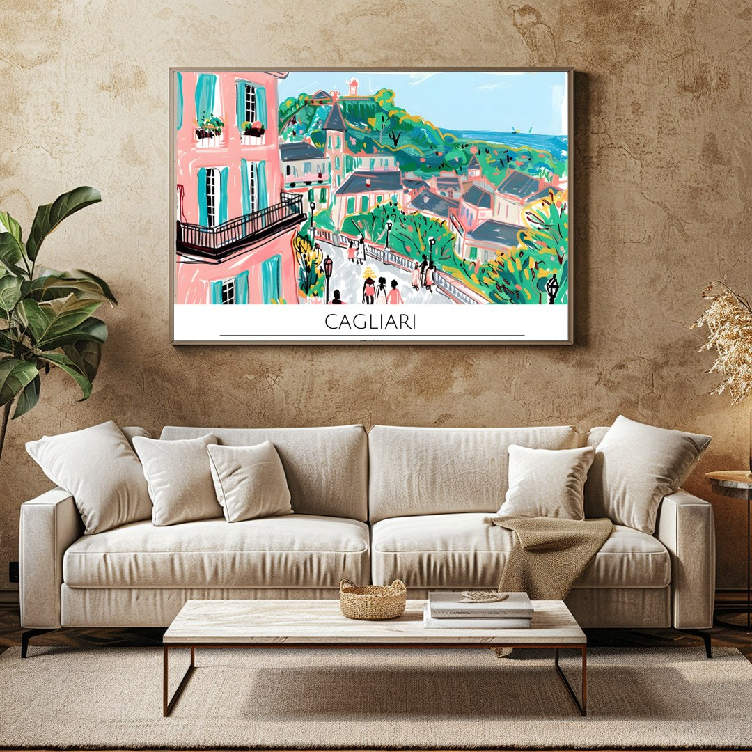 Immerse yourself in the vibrant allure of Cagliari with this enchanting cityscape artwork. for Family Room