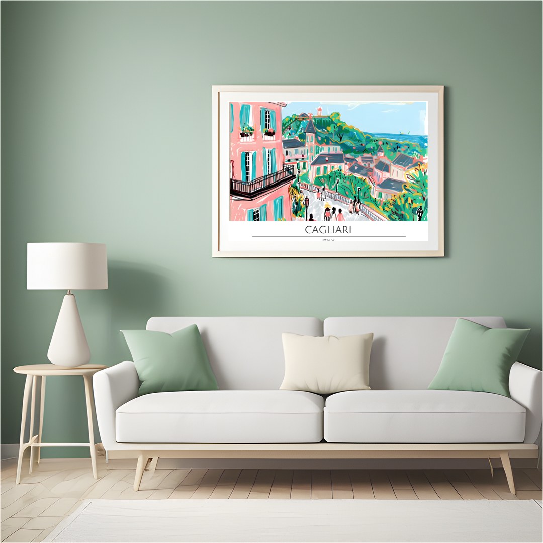 Immerse yourself in the vibrant allure of Cagliari with this enchanting cityscape artwork. for Hall