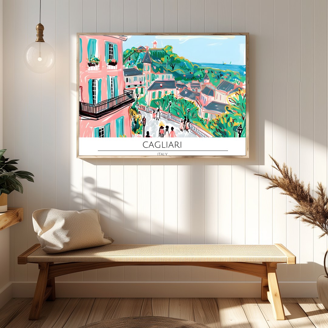 Immerse yourself in the vibrant allure of Cagliari with this enchanting cityscape artwork. for Hallway