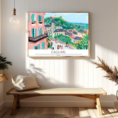 Immerse yourself in the vibrant allure of Cagliari with this enchanting cityscape artwork. for Hallway