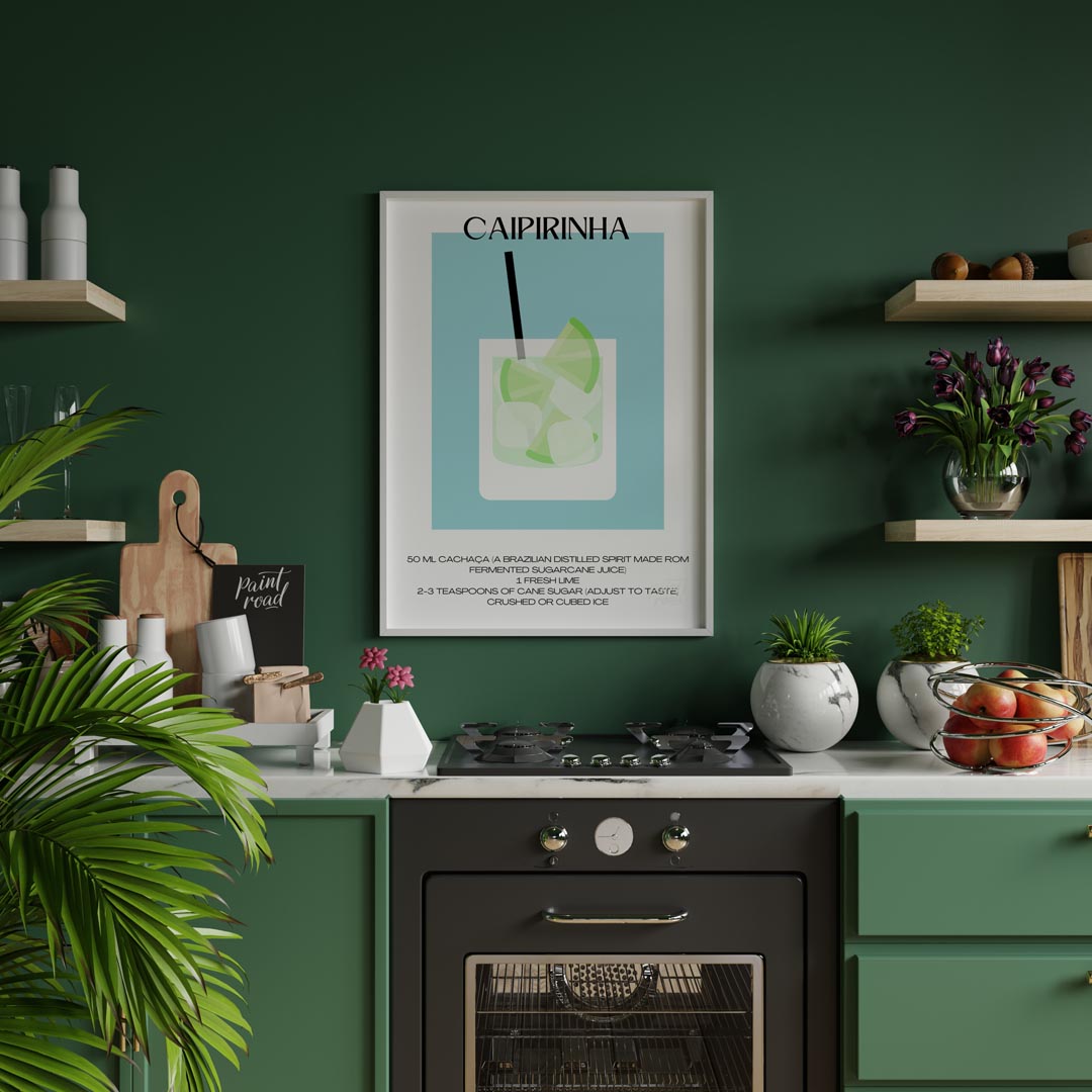 This vibrant and refreshing minimalist poster features a Caipirinha, the national cocktail of Brazi… for kitchen