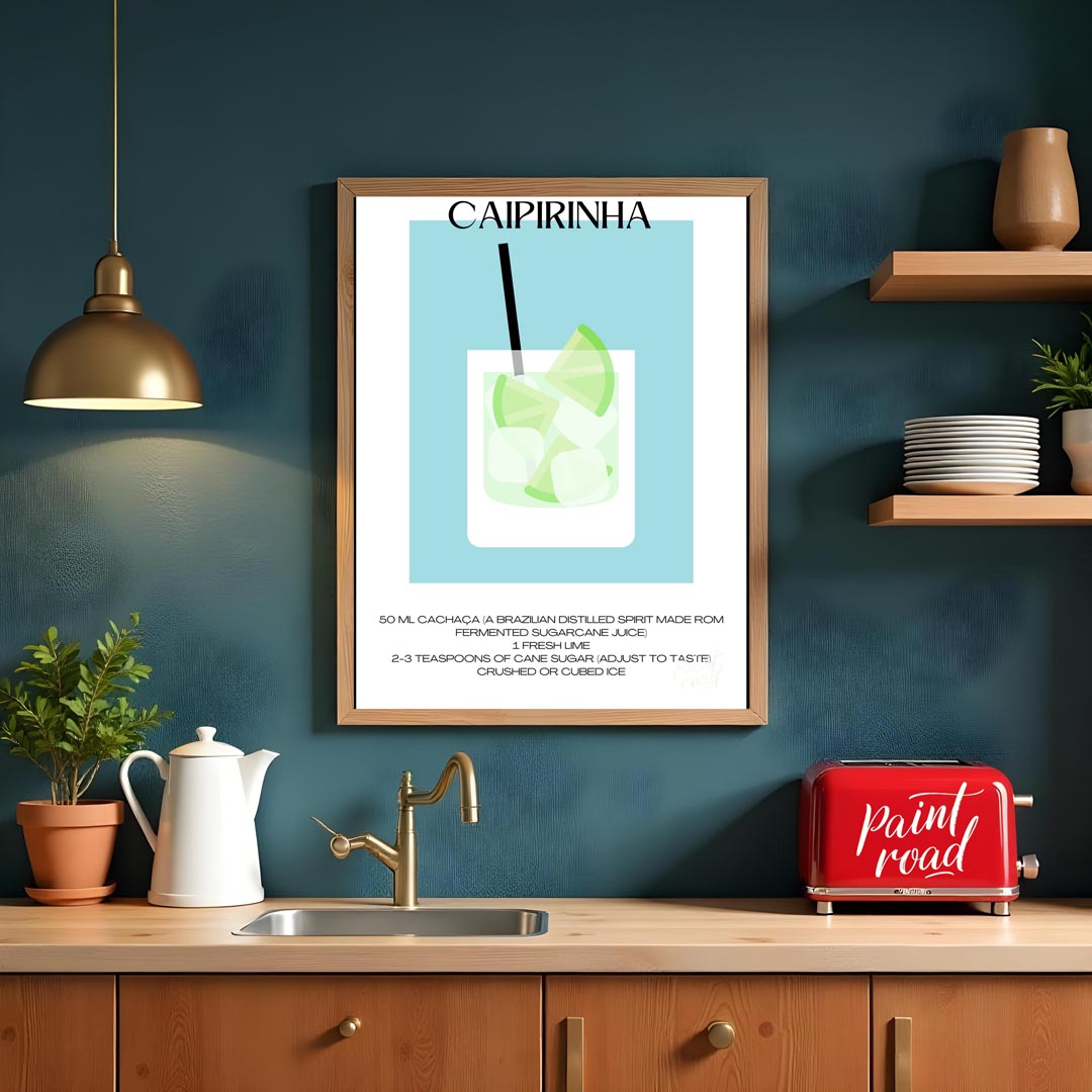 This vibrant and refreshing minimalist poster features a Caipirinha, the national cocktail of Brazi… for kitchen