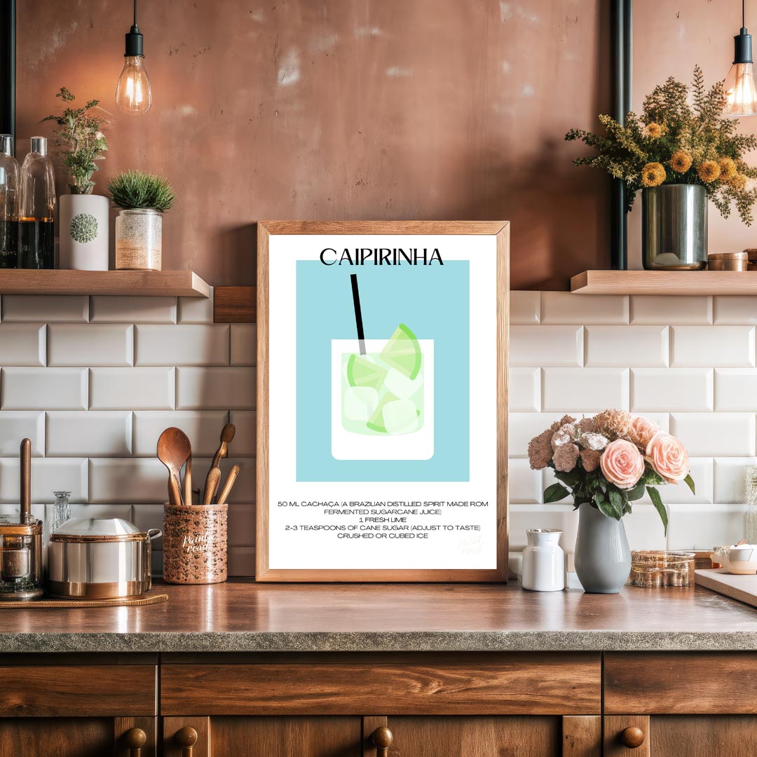 This vibrant and refreshing minimalist poster features a Caipirinha, the national cocktail of Brazi… for kitchen