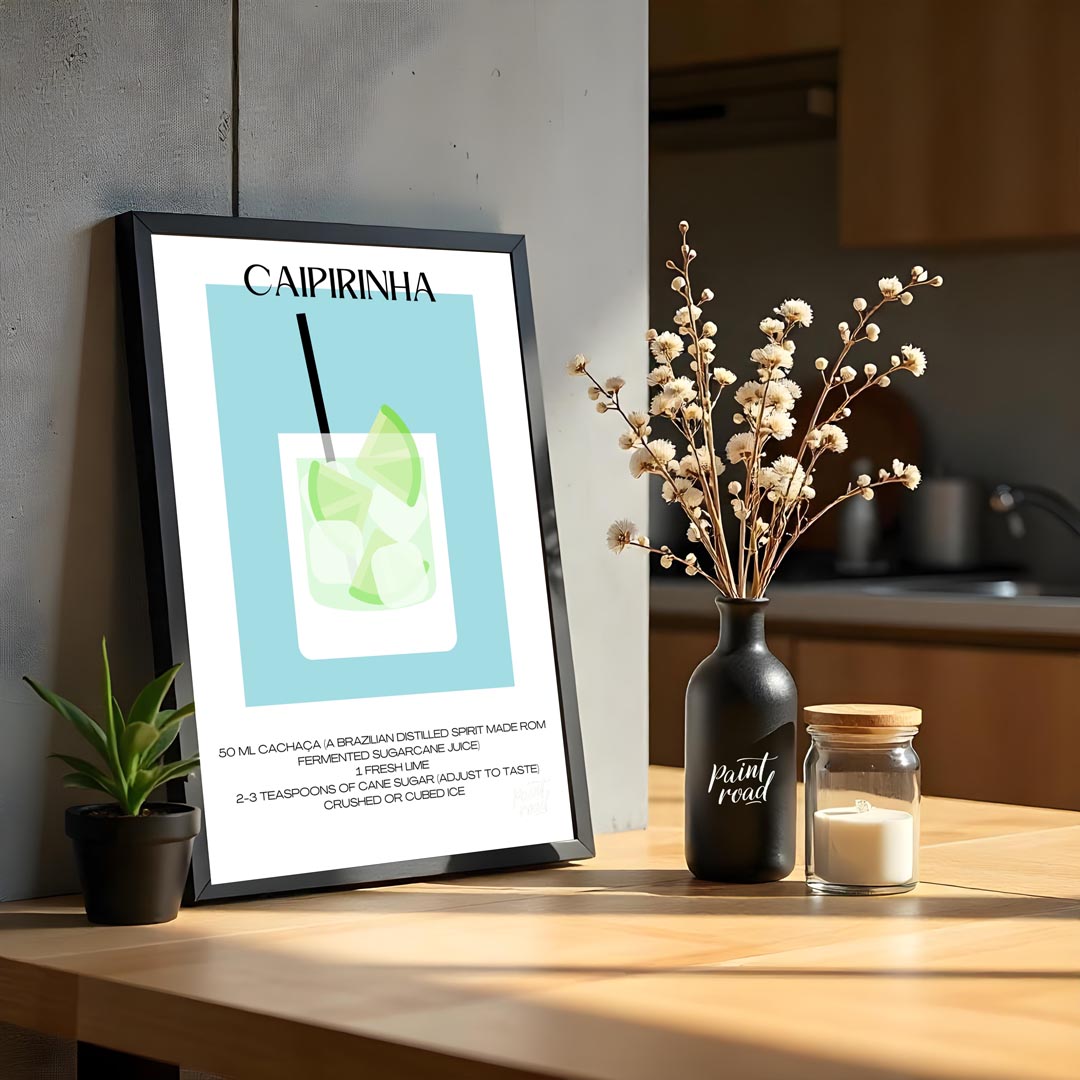 This vibrant and refreshing minimalist poster features a Caipirinha, the national cocktail of Brazi… for kitchen