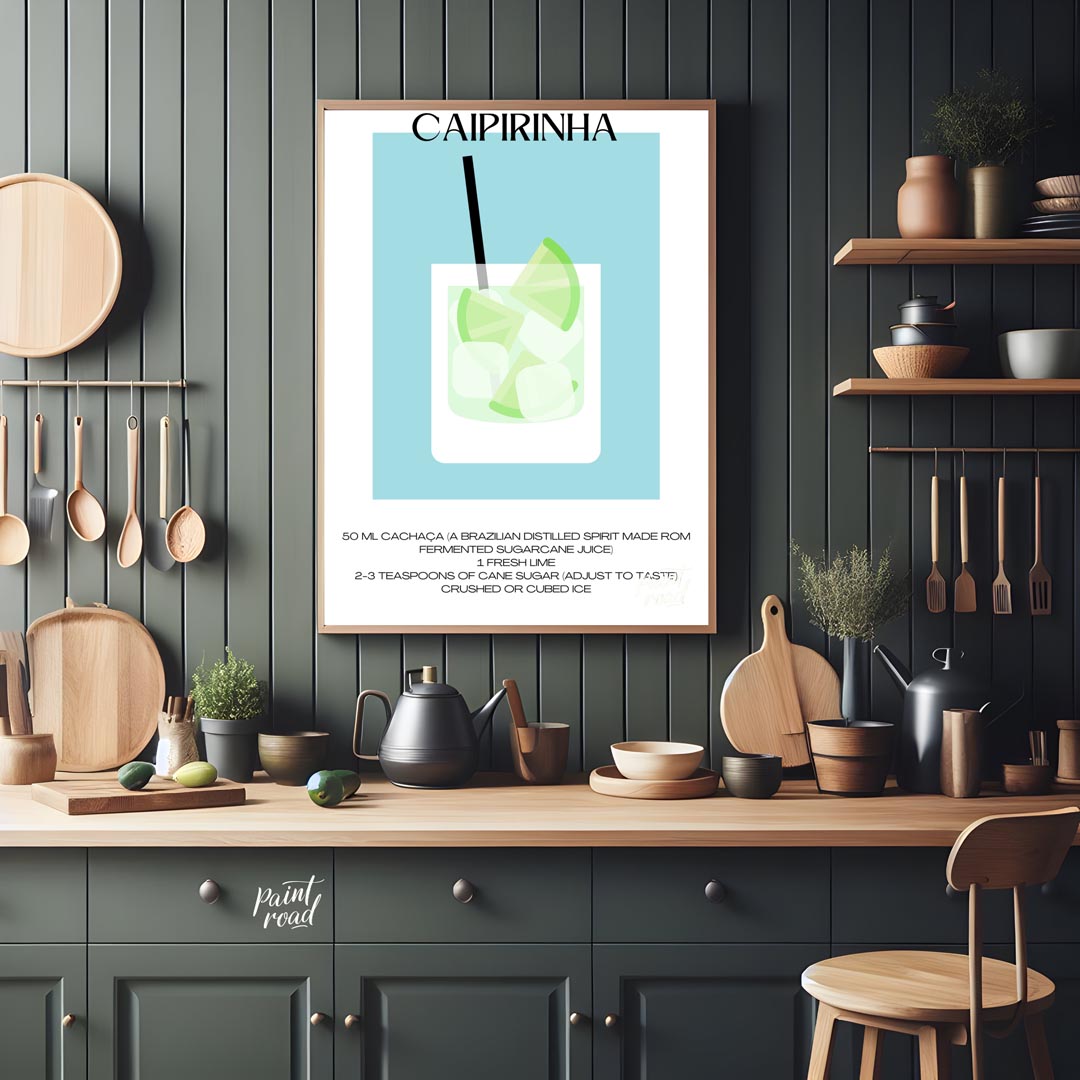 This vibrant and refreshing minimalist poster features a Caipirinha, the national cocktail of Brazi… for kitchen