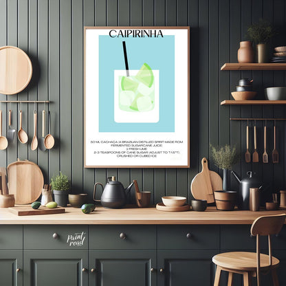 This vibrant and refreshing minimalist poster features a Caipirinha, the national cocktail of Brazi… for kitchen