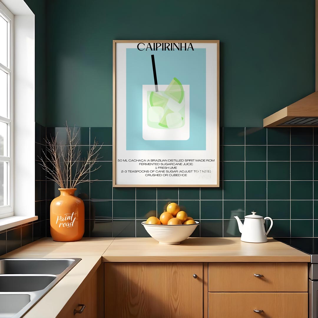This vibrant and refreshing minimalist poster features a Caipirinha, the national cocktail of Brazi… for kitchen