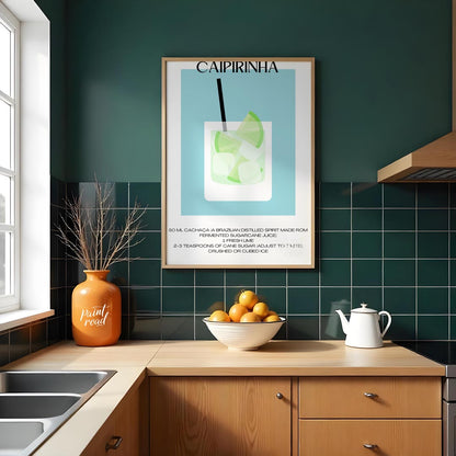This vibrant and refreshing minimalist poster features a Caipirinha, the national cocktail of Brazi… for kitchen