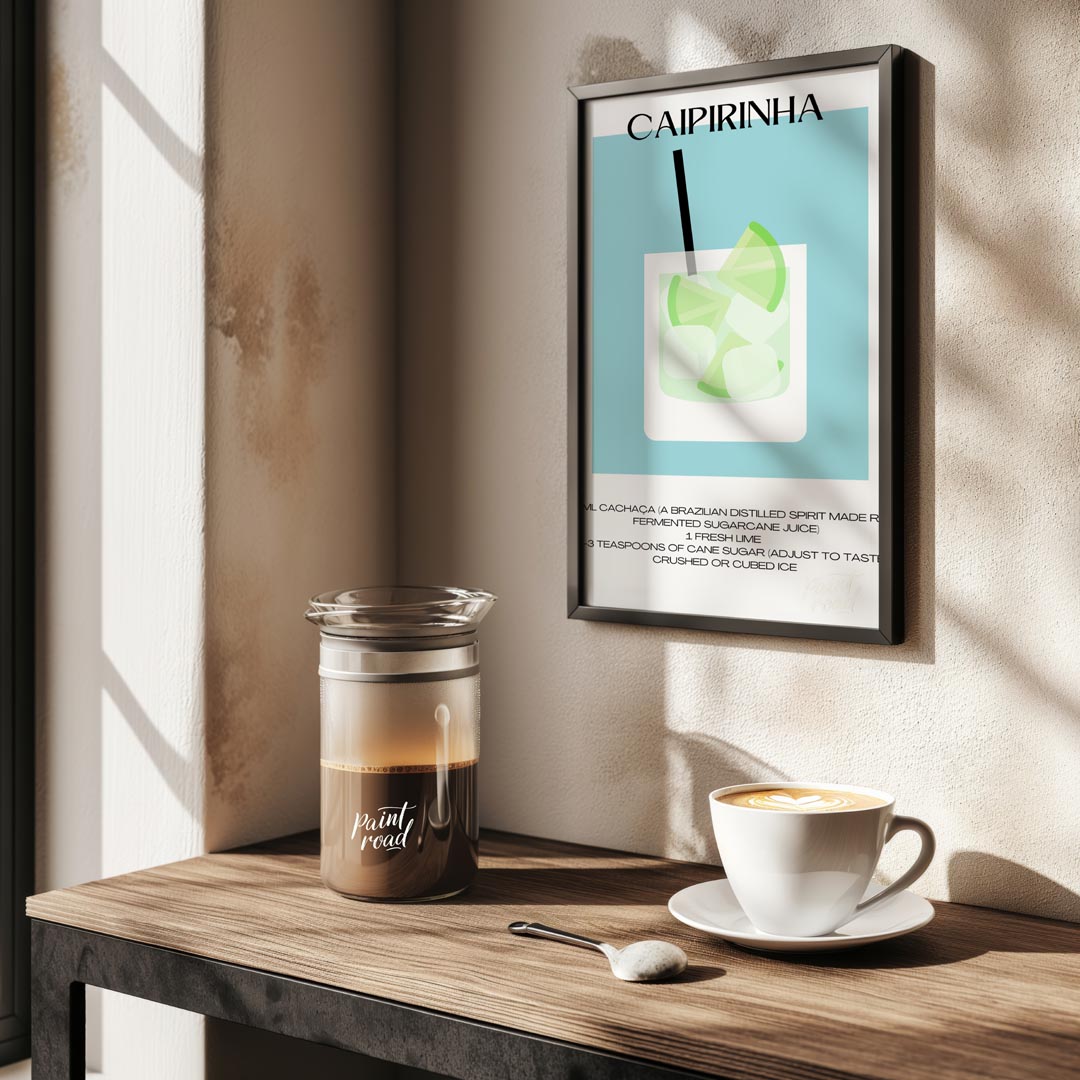 This vibrant and refreshing minimalist poster features a Caipirinha, the national cocktail of Brazi… for kitchen