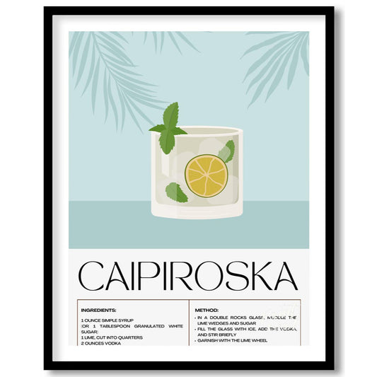 This sleek and contemporary poster features a clean illustration of a Caipiroska cocktail in a doub… for abode