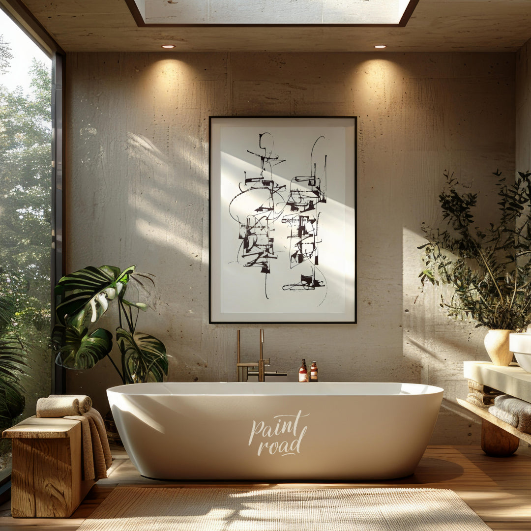 """Calligraphic Structures"" presents a dynamic interplay of linear forms, reminiscent of expressiv… for bathroom