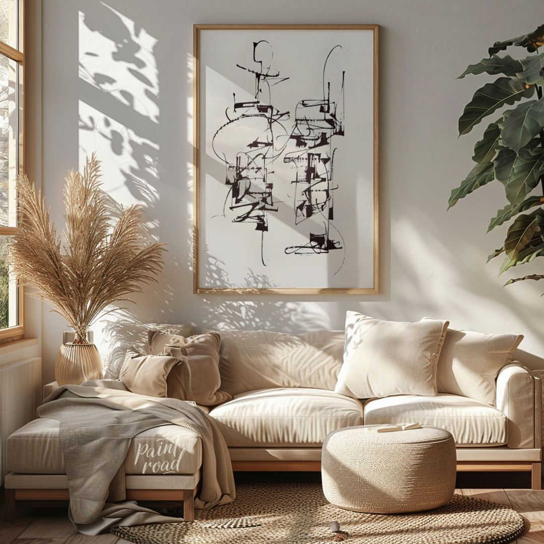 """Calligraphic Structures"" presents a dynamic interplay of linear forms, reminiscent of expressiv… for living room