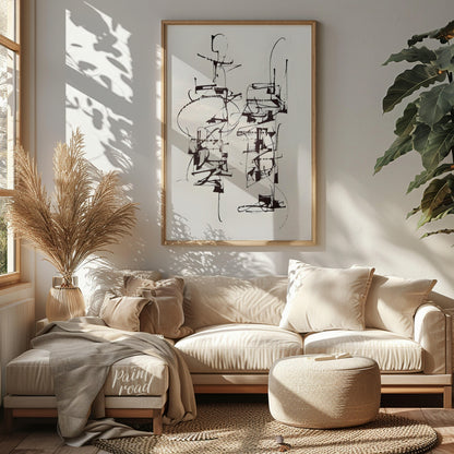 """Calligraphic Structures"" presents a dynamic interplay of linear forms, reminiscent of expressiv… for living room