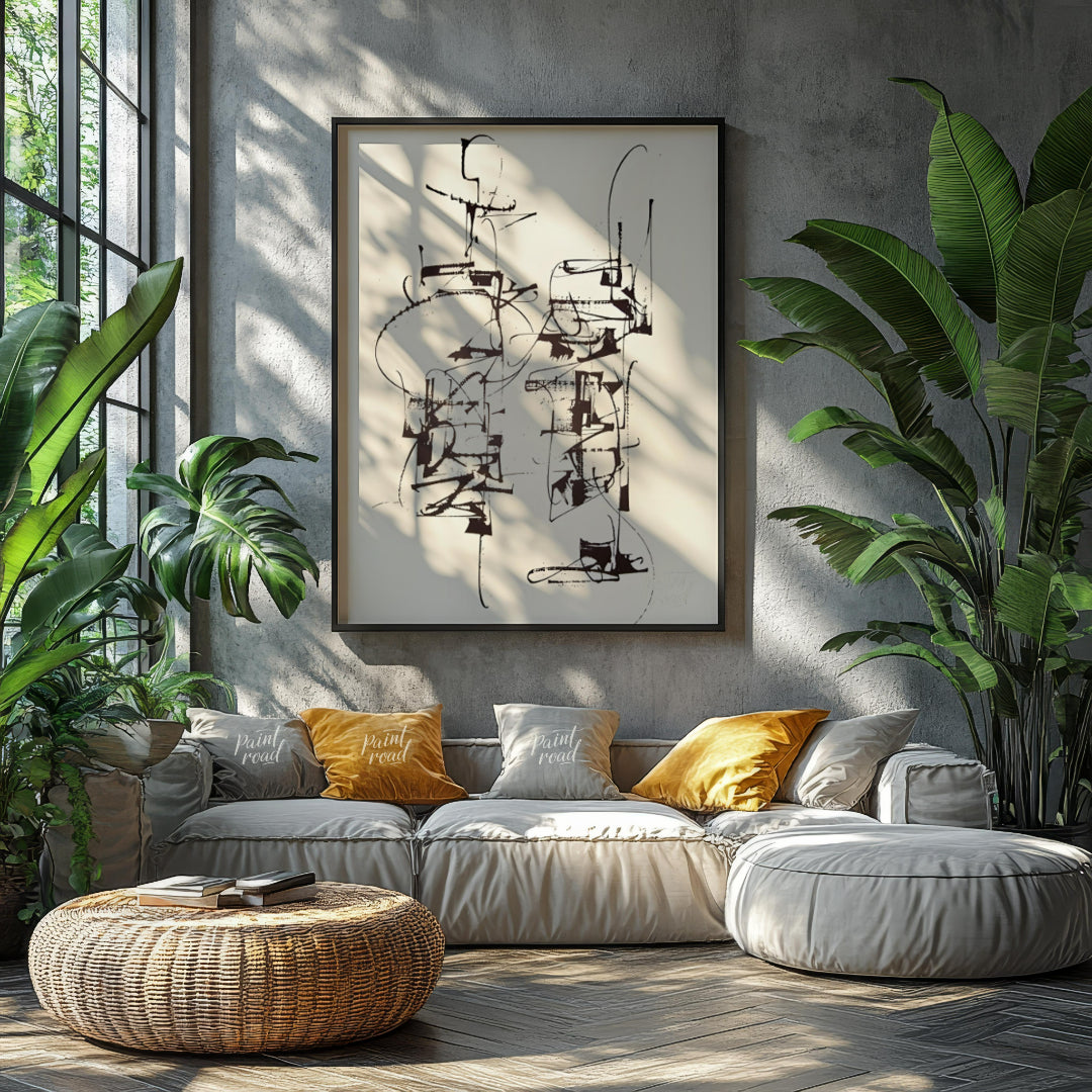 """Calligraphic Structures"" presents a dynamic interplay of linear forms, reminiscent of expressiv… for living room