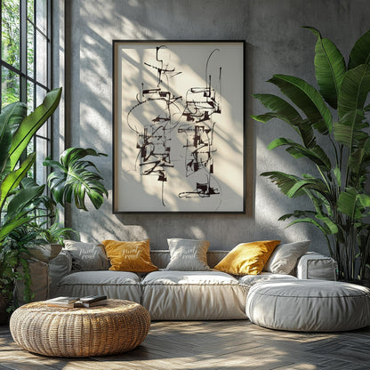 """Calligraphic Structures"" presents a dynamic interplay of linear forms, reminiscent of expressiv… for living room