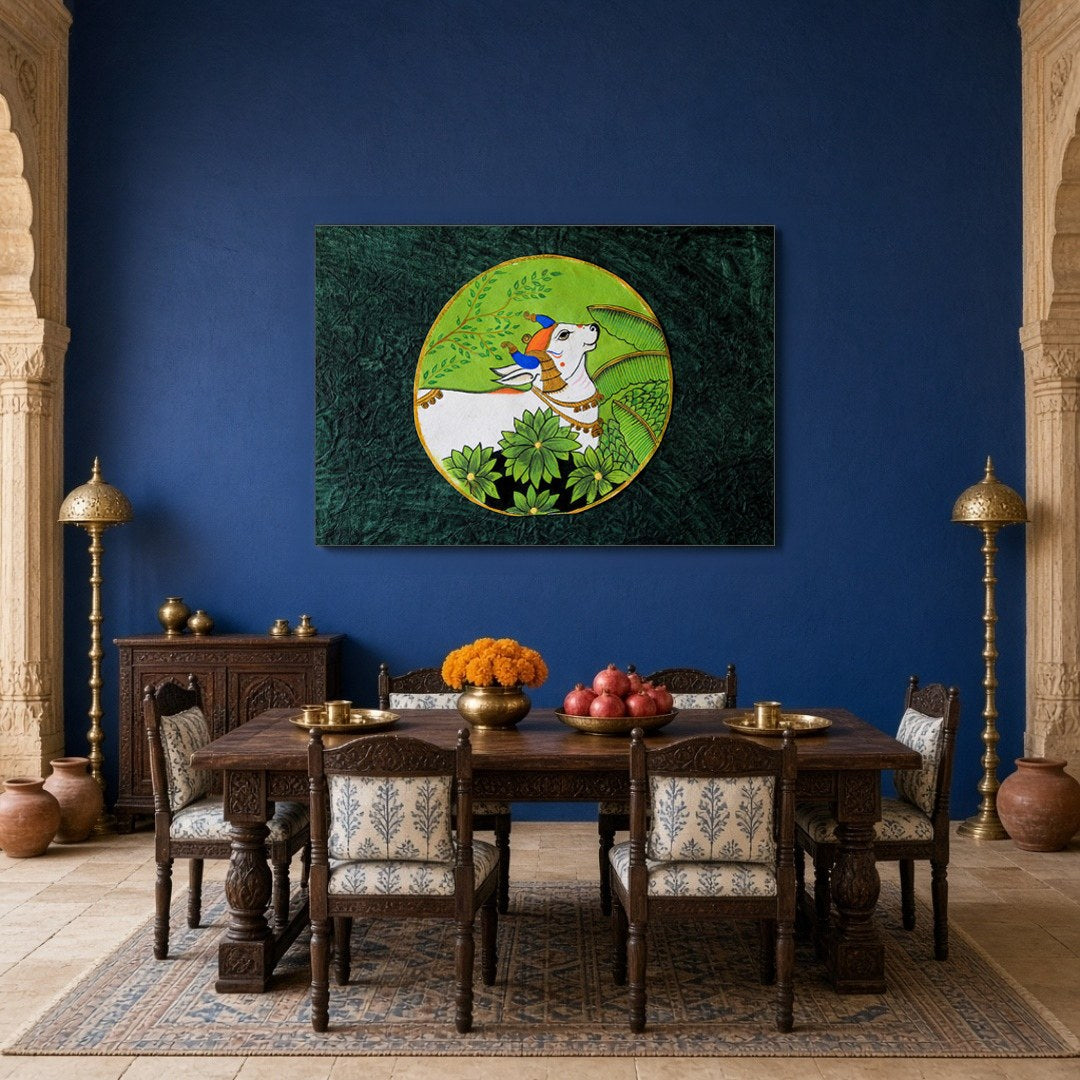 This exquisite Pichwai art features the serene Nandi enveloped in lush greenery, symbolizing peace for Dining