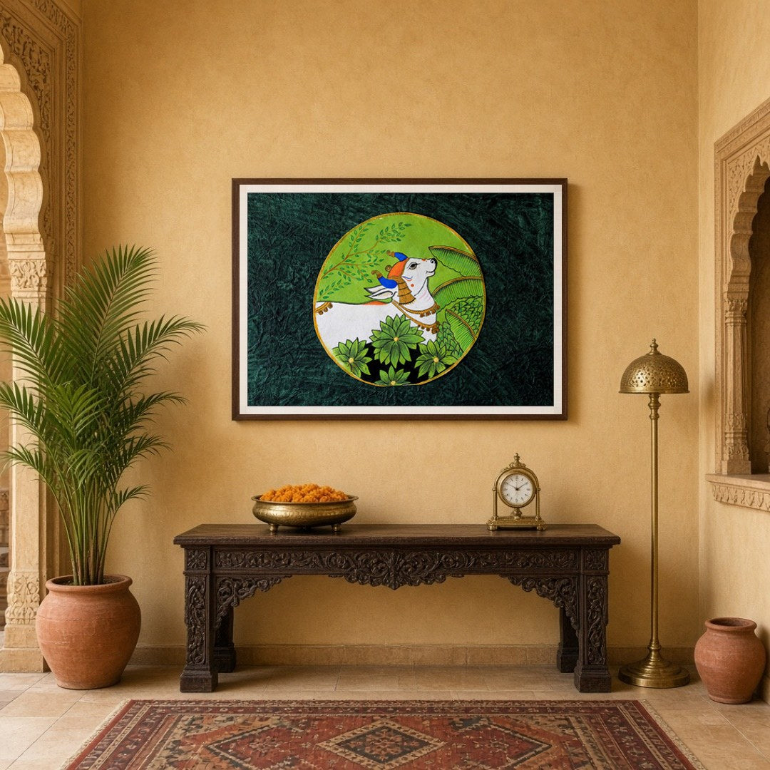 This exquisite Pichwai art features the serene Nandi enveloped in lush greenery, symbolizing peace for Entrance