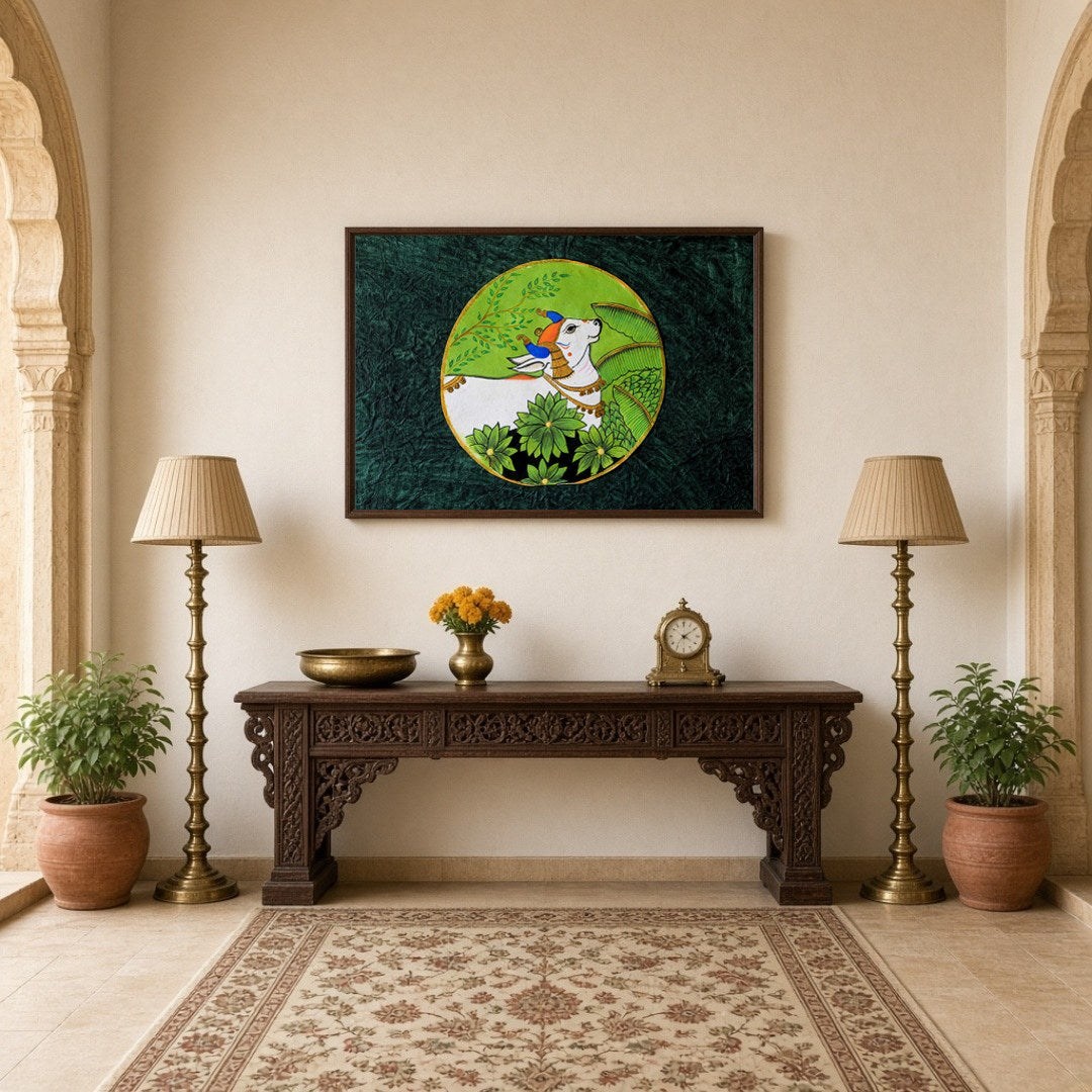 This exquisite Pichwai art features the serene Nandi enveloped in lush greenery, symbolizing peace for Hallway