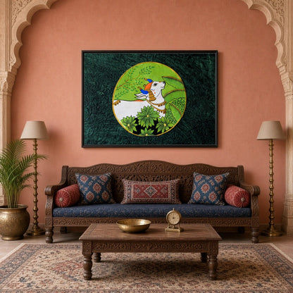 This exquisite Pichwai art features the serene Nandi enveloped in lush greenery, symbolizing peace for Living Room
