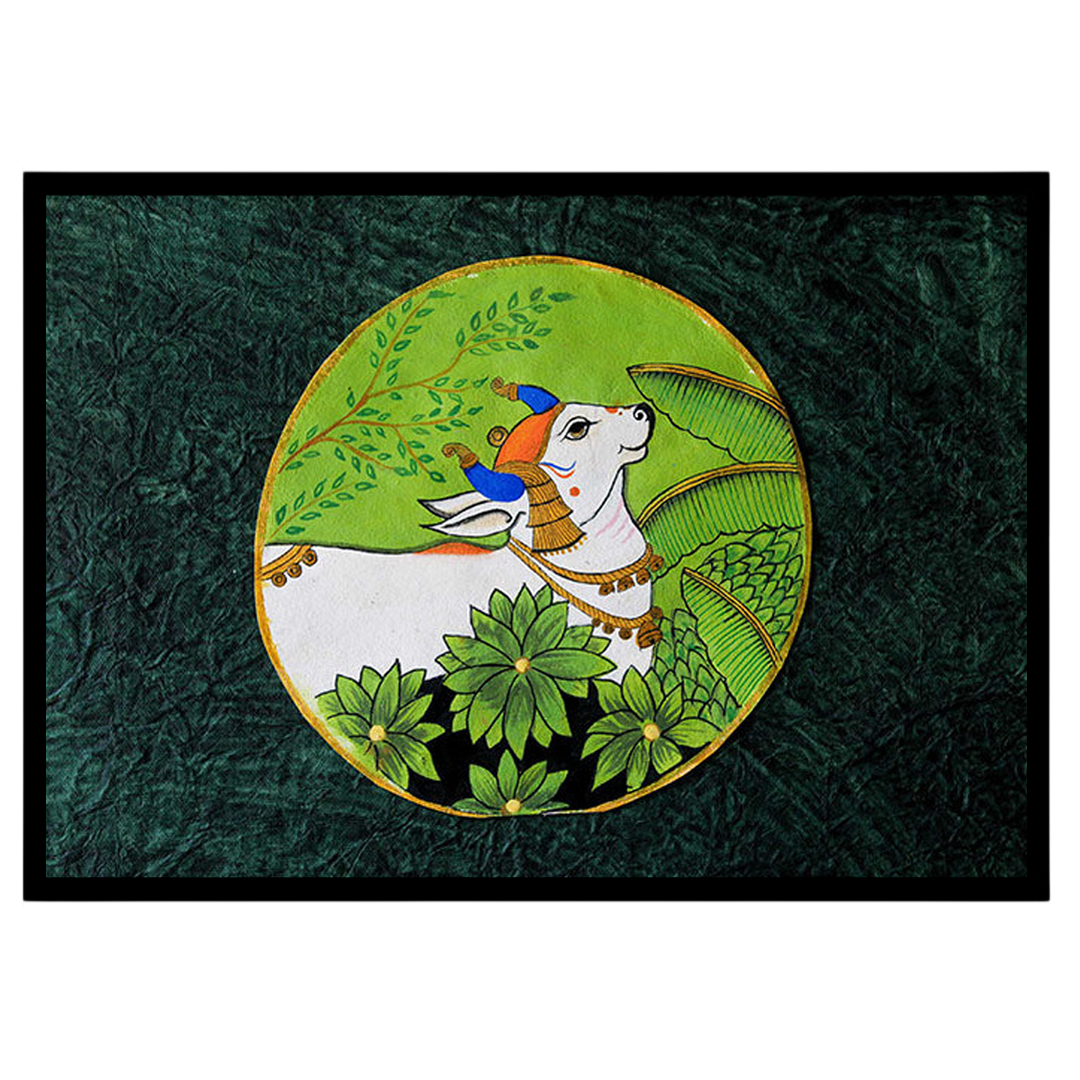 This exquisite Pichwai art features the serene Nandi enveloped in lush greenery, symbolizing peace for retreat
