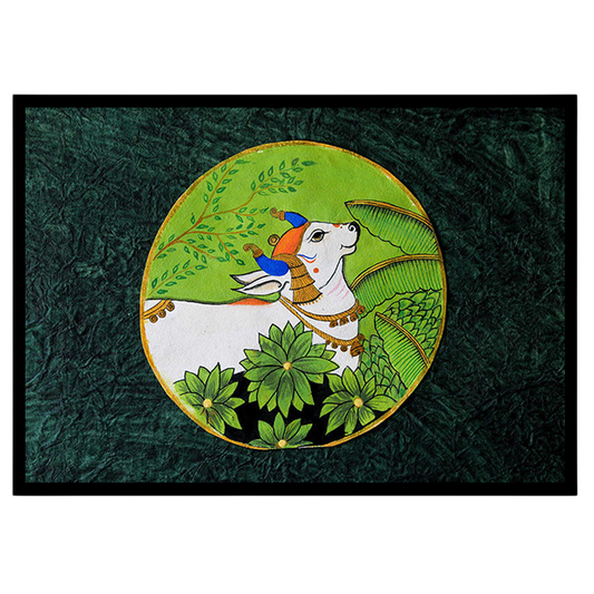 This exquisite Pichwai art features the serene Nandi enveloped in lush greenery, symbolizing peace for retreat