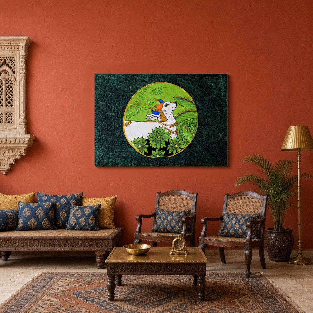 This exquisite Pichwai art features the serene Nandi enveloped in lush greenery, symbolizing peace for Sitting Area