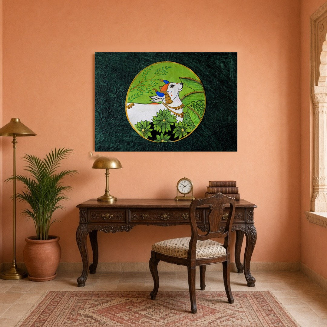 This exquisite Pichwai art features the serene Nandi enveloped in lush greenery, symbolizing peace for Study