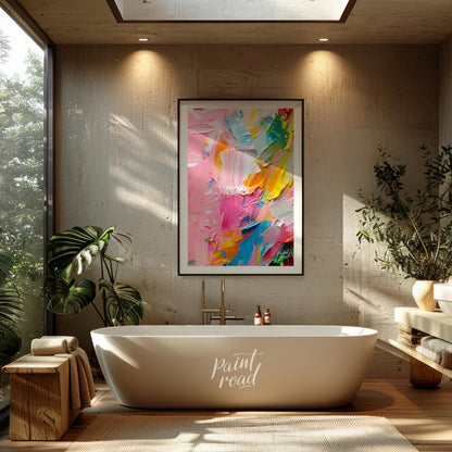 This vibrant art is an abstract painting bursting with vibrant, playful colors and thick, textured … for bathroom