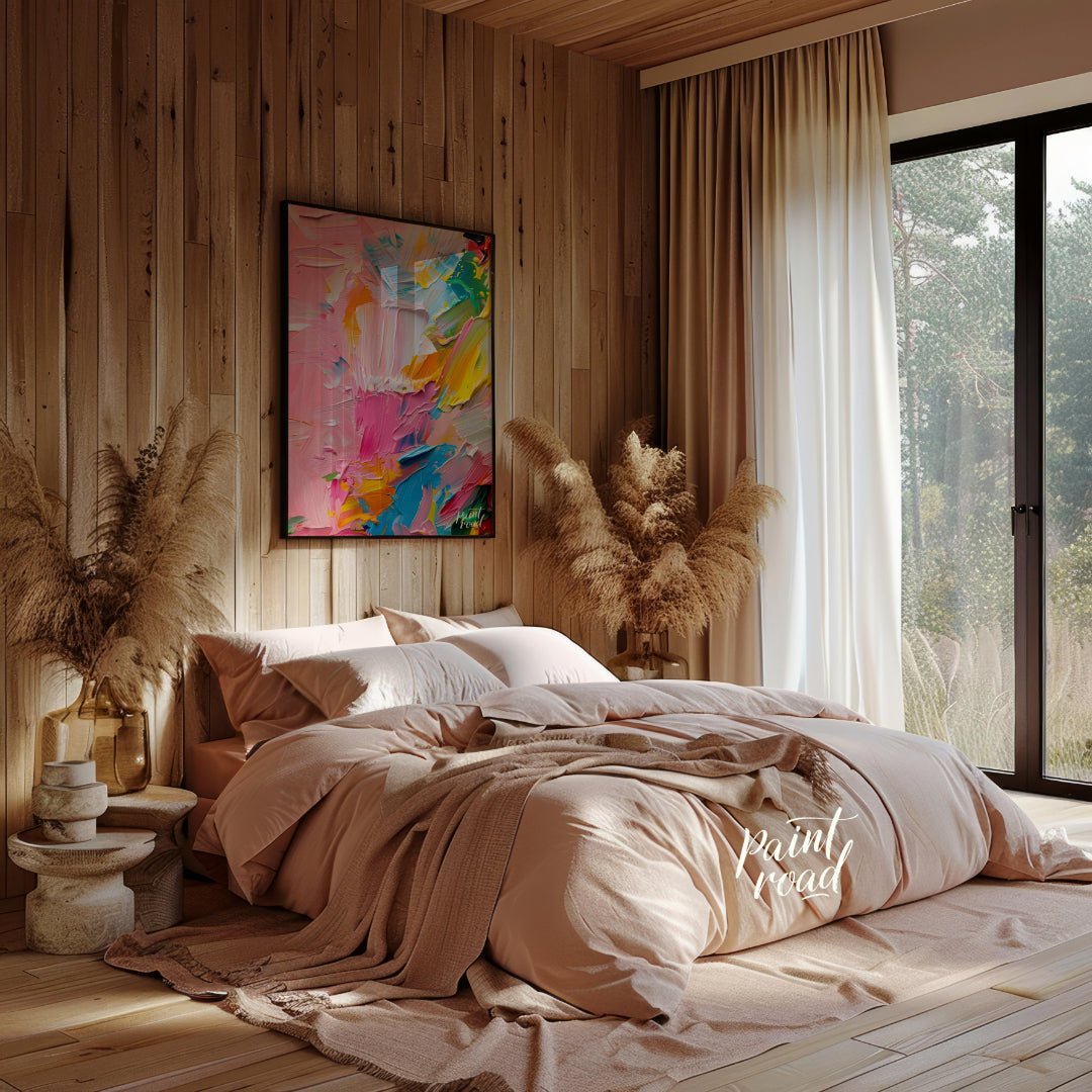 This vibrant art is an abstract painting bursting with vibrant, playful colors and thick, textured … for bedroom