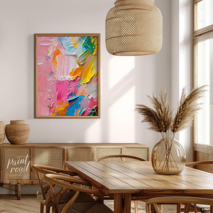 This vibrant art is an abstract painting bursting with vibrant, playful colors and thick, textured … for dining room