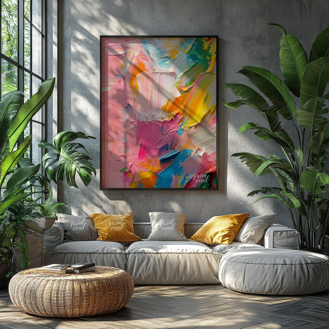 This vibrant art is an abstract painting bursting with vibrant, playful colors and thick, textured … for living room