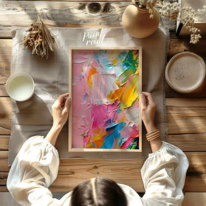 This vibrant art is an abstract painting bursting with vibrant, playful colors and thick, textured … for other