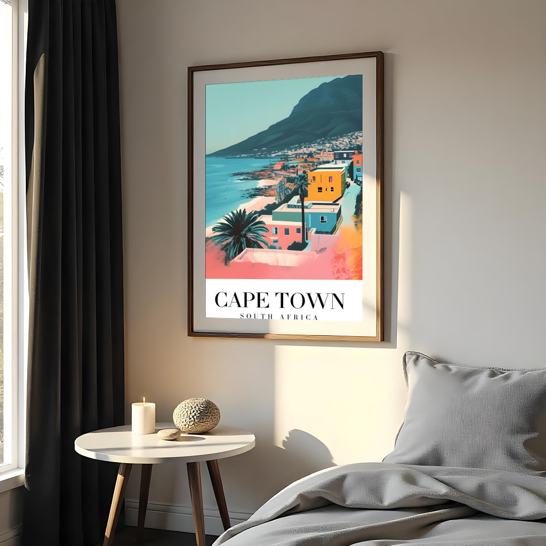 Experience the tranquil beauty of Cape Town with this captivating art print, featuring vibrant hues for Bedroom