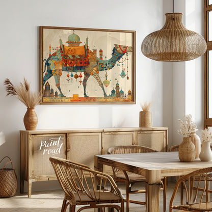 This beautiful art depicts a vibrantly adorned camel, laden with colorful textiles and trinkets, em… for dining room