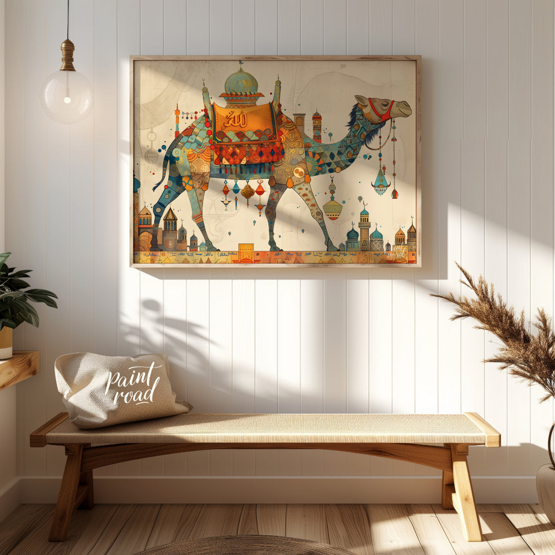 This beautiful art depicts a vibrantly adorned camel, laden with colorful textiles and trinkets, em… for entryway