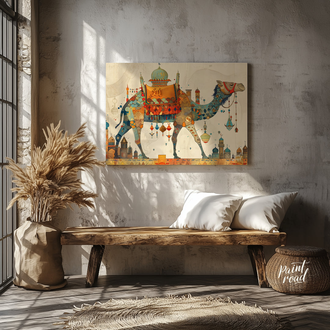 This beautiful art depicts a vibrantly adorned camel, laden with colorful textiles and trinkets, em… for entryway