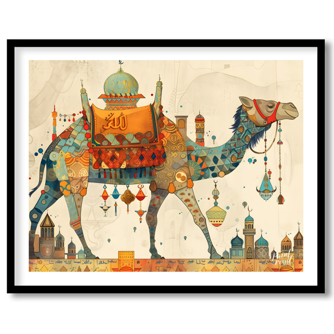 This beautiful art depicts a vibrantly adorned camel, laden with colorful textiles and trinkets, em… for house