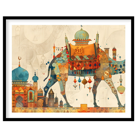 This beautiful art depicts a vibrantly adorned camel, laden with colorful textiles and trinkets, em… for house