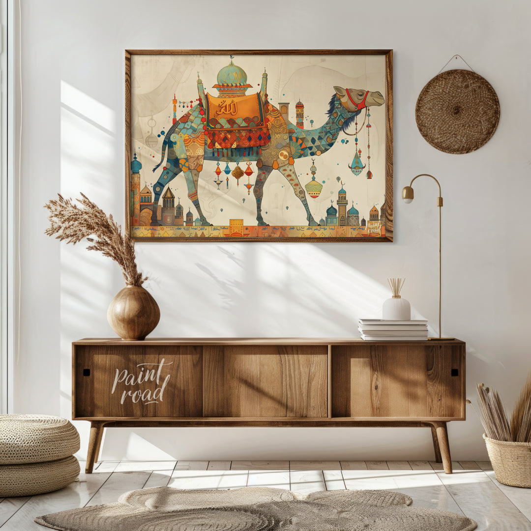 This beautiful art depicts a vibrantly adorned camel, laden with colorful textiles and trinkets, em… for living room
