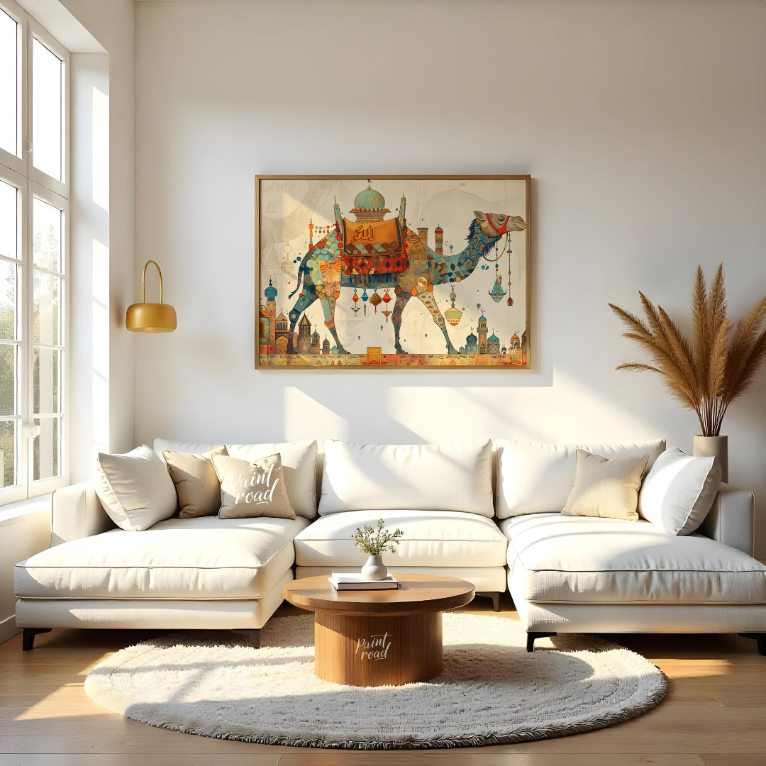 This beautiful art depicts a vibrantly adorned camel, laden with colorful textiles and trinkets, em… for living room