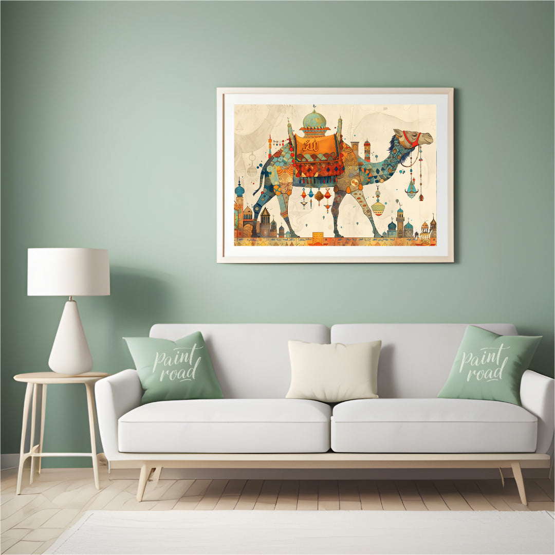 This beautiful art depicts a vibrantly adorned camel, laden with colorful textiles and trinkets, em… for living room