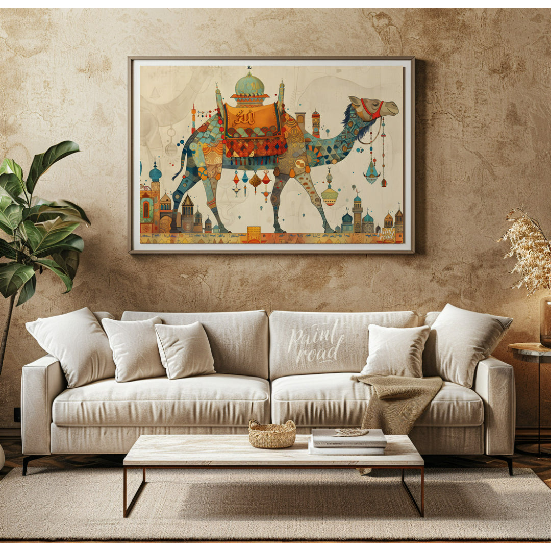 This beautiful art depicts a vibrantly adorned camel, laden with colorful textiles and trinkets, em… for living room