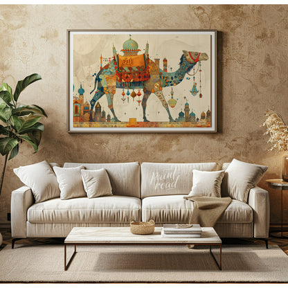 This beautiful art depicts a vibrantly adorned camel, laden with colorful textiles and trinkets, em… for living room